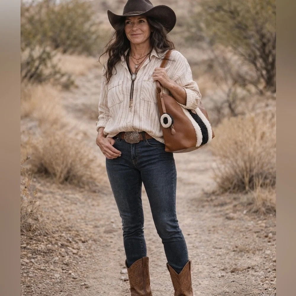 Clever Carriage Tan Leather Hobo Bag Shearling Detail EarPod Case Cowboy Rodeo